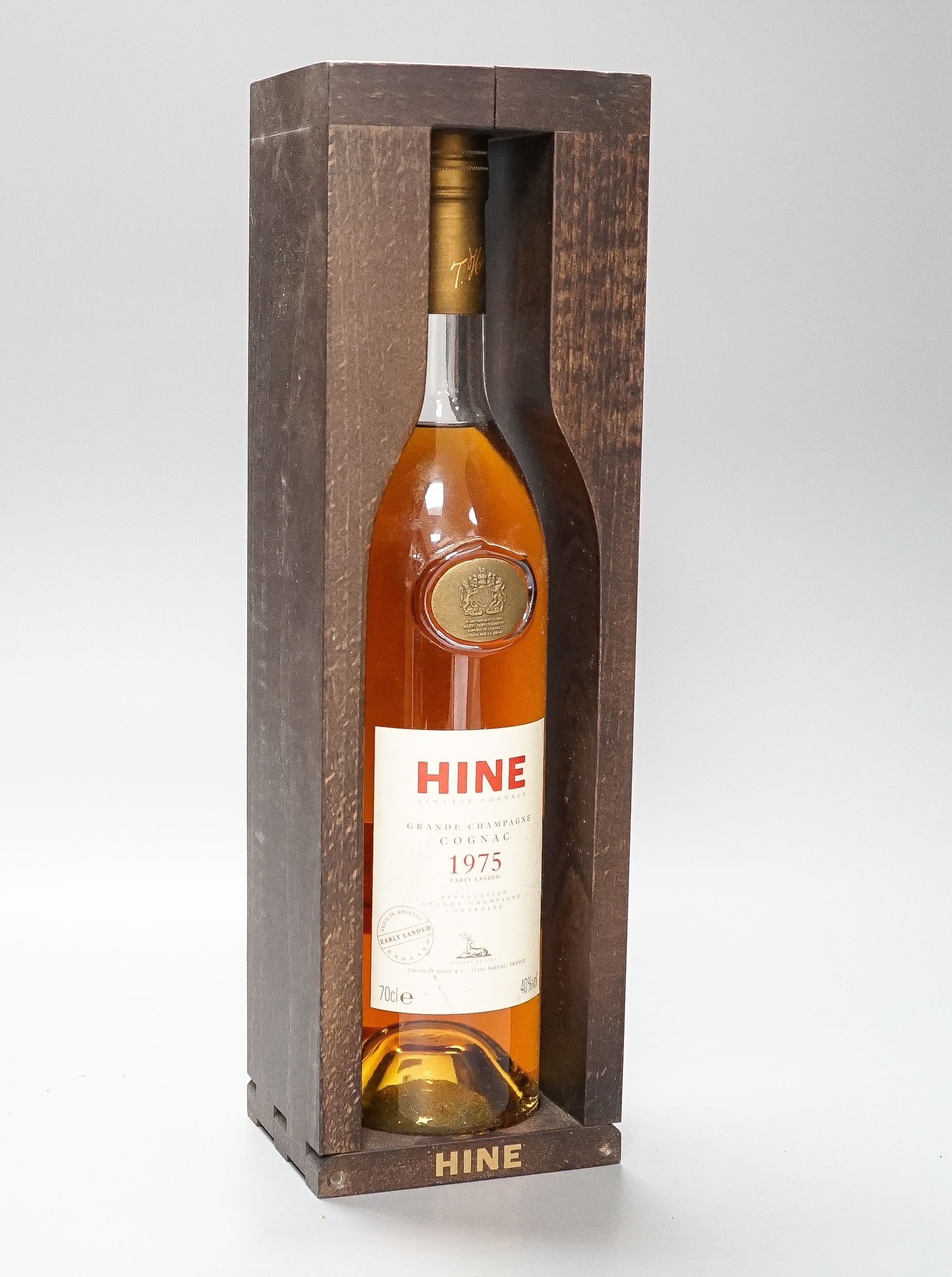 One cased bottle of Hine 1975 cognac